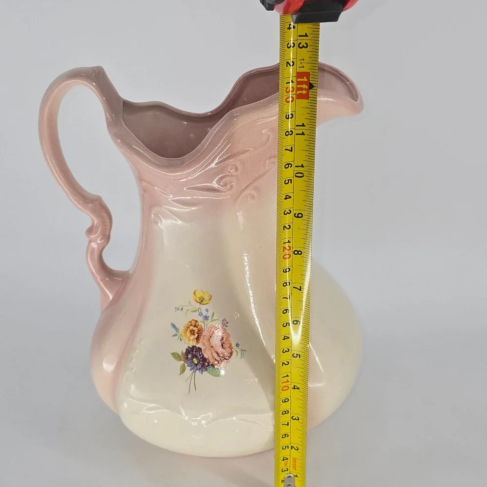 Vintage Pink Cream Floral Ceramic Pitcher Vase Ornate Scalloped Victorian Style